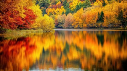 Poster - A picturesque view of a calm lake surrounded by vibrant autumn trees, with the colorful foliage reflecting on the water's surface, Autumn lake scene