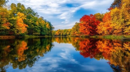 Poster - A picturesque view of a calm lake surrounded by vibrant autumn trees, with the colorful foliage reflecting on the water's surface, Autumn lake scene