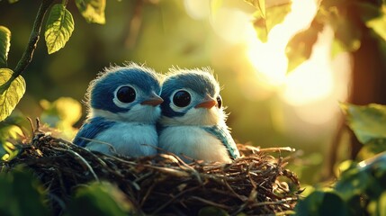 Two cute and adorable chubby blue and white gradient color birds with big eyes, snuggling together in a bird's nest, sunlight, forest, trees, sun, 