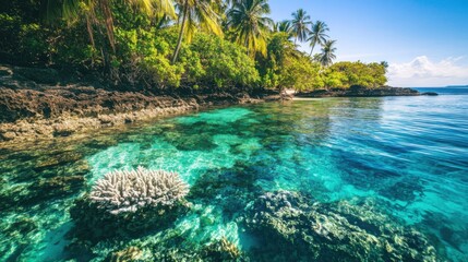 Poster - A picturesque view of a crystal-clear tropical lagoon with colorful coral reefs and palm trees swaying in the breeze, Tropical lagoon scene, Paradise style