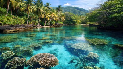 Poster - A picturesque view of a crystal-clear tropical lagoon with colorful coral reefs and palm trees swaying in the breeze, Tropical lagoon scene, Paradise style
