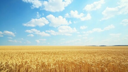 Poster - A picturesque view of a golden wheat field stretching to the horizon under a clear blue sky with fluffy white clouds, Wheat field scene, Sunny style