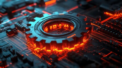 Poster - A large metal gear glowing red hot, sits on a circuit board, representing technology and machinery.
