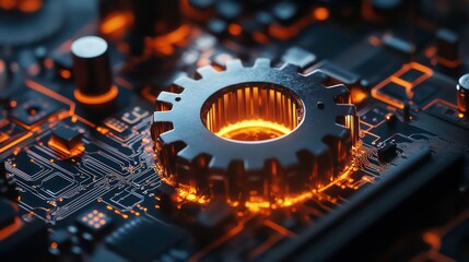 Poster - A glowing gear sits atop a circuit board, representing the power of technology.