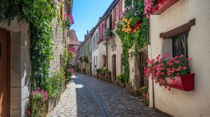 Poster - A picturesque view of a quaint European village with cobblestone streets, colorful houses, and flower boxes under a clear blue sky