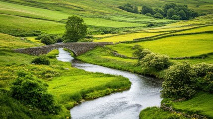 Poster - A picturesque view of a serene countryside landscape with rolling green hills, a winding river, and a small stone bridge