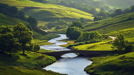 Poster - A picturesque view of a serene countryside landscape with rolling green hills, a winding river, and a small stone bridge