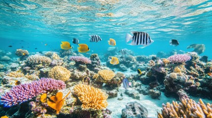 Poster - A picturesque view of a vibrant coral reef with schools of tropical fish swimming among colorful corals under clear turquoise waters, Coral reef scene, Vivid style