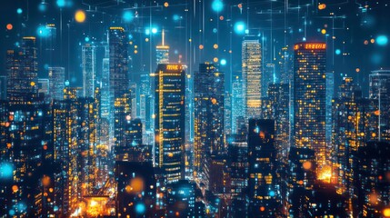 Poster - A futuristic cityscape with glowing lights and digital connections, representing the interconnectedness of modern society.