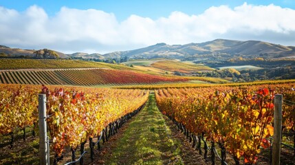 Poster - A picturesque view of a vineyard in autumn, with golden and red leaves on the vines and rolling hills in the background, Vineyard scene