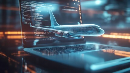 Poster - Futuristic concept of a commercial airliner jet emerging from a laptop screen, symbolizing online travel booking, virtual tourism, and digital flight