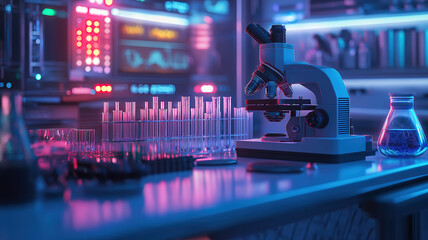Poster - Biotechnology development center with microscope and test tubes, showcasing advanced medical
