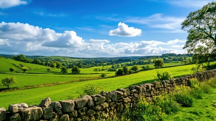 Poster - A serene view of a rolling countryside with a stone wall dividing lush green fields under a bright blue sky, Rolling countryside scene, Pastoral style