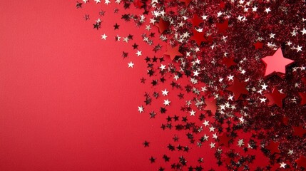 Wall Mural - red holographic glitter confetti stars on a vibrant red background, flat lay top view with copy spac