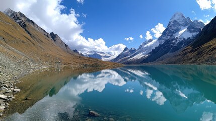 Poster - A serene view of a tranquil lake surrounded by towering mountains dusted with snow, reflecting the azure sky and fluffy clouds, Mountain lake scene
