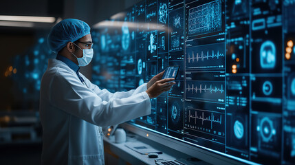 Poster - Advanced healthcare technology with doctor using digital medical interface for modern patient