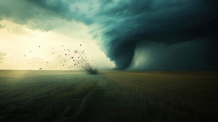Poster - A shot of a tornado swirling across a flat prairie landscape, Tornado scene, Dynamic style