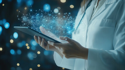 Poster - Futuristic medical technology with doctor using digital tablet for patient records and DNA
