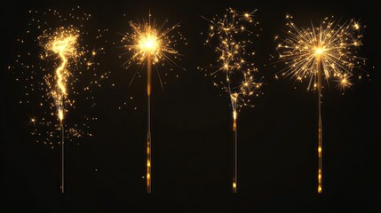 Wall Mural - festive new year celebration background featuring a vibrant set of golden sparklers on a dark black 