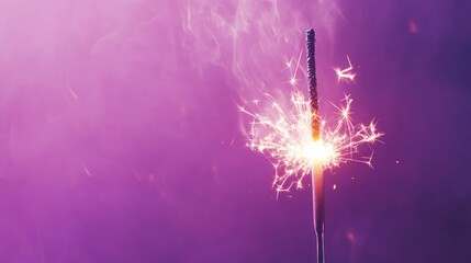 Wall Mural - shiny bright burning bengal fire party sparkler on vibrant purple background with glowing sparks and