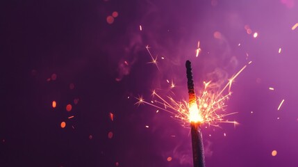 Wall Mural - shiny bright burning bengal fire party sparkler on vibrant purple background with glowing sparks and