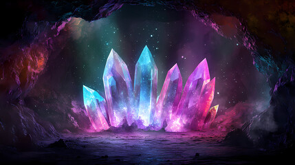 Wall Mural - Mystical glowing crystal formation in a fantasy cave with vibrant colors and shimmering light beams creating a surreal atmosphere isolated on transparency png background. Subterranean. Illustration