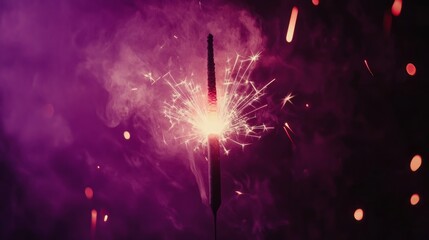 Wall Mural - shiny bright burning bengal fire party sparkler on vibrant purple background with glowing sparks and
