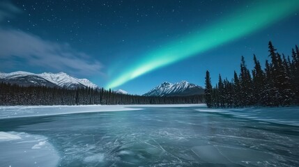 Poster - A stunning view of a frozen lake surrounded by snow-covered trees and mountains, with the aurora borealis lighting up the night sky, Frozen lake scene