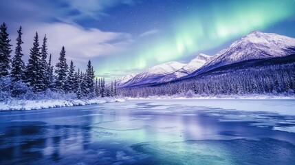 Poster - A stunning view of a frozen lake surrounded by snow-covered trees and mountains, with the aurora borealis lighting up the night sky, Frozen lake scene