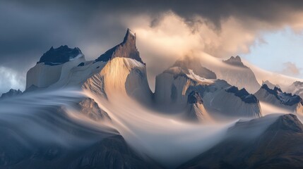 Poster - A stunning view of the remote and jagged peaks of the Torres del Paine in Patagonia, with clouds swirling around the summits, Torres del Paine scene