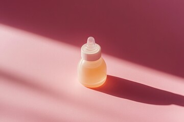 Poster - A small plastic bottle of liquid resting on a pink surface, casting a shadow in soft natural light during the afternoon. Generative AI
