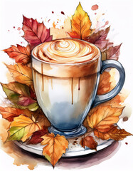 Wall Mural - A watercolor illustration of a blue cup of coffee with latte art, accompanied by autumn leaves, blending warm and cool tones