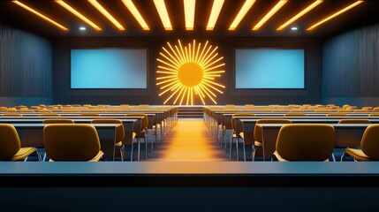 Poster - 3D illustration of a conference setup in a presentation hall, with rows of chairs and tables arranged orderly. Subtle lighting highlights the space's professional ambiance.