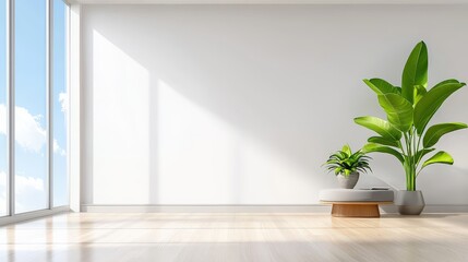 Poster - Airy living room with floor-to-ceiling windows, minimalist furniture, a touch of green plants, and soft sunlight streaming in
