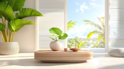 Poster - Art of a bright living room with lush indoor plants, a wooden coffee table, soft cushions, and a stylish, calm vibe