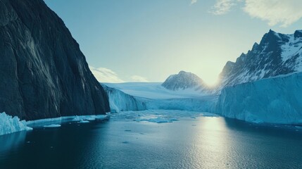 Poster - A surreal perspective of a massive glacier carving through fjords under the midnight sun in Svalbard, Norway, Svalbard glacier midnight sun scene
