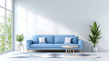 Poster - Bright living room scene with a modern blue sofa, a coffee table, patterned rug, and large windows allowing natural light