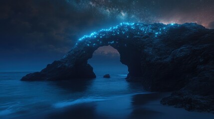 Poster - A surreal perspective of a natural rock arch illuminated by the glow of bioluminescent plankton along a remote coastline, Bioluminescent arch scene, Surreal style