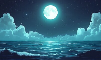 Sticker - A serene ocean scene illuminated by a bright moon amidst a starry night sky.