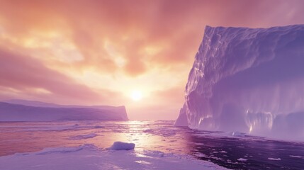 Poster - A surreal perspective of a towering iceberg drifting under the ethereal glow of the Antarctic midnight sun, Antarctic iceberg scene, Surreal style