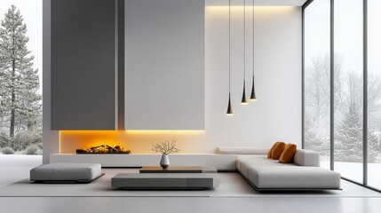 Poster - Industrial-style living room with modern hanging lamps, sleek furniture, neutral tones, and subtle decorative elements