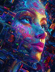 Aufkleber - Digital Portrait of a Woman with Futuristic Circuitry Design : Generative AI