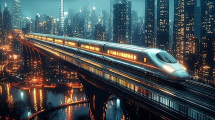 Poster - Futuristic high-speed train crossing illuminated urban bridge with skyline view at night : Generative AI