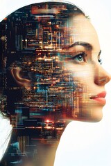 Aufkleber - Futuristic Woman with Digital Interface and Circuit Design Overlay : Generative AI