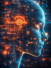 Aufkleber - Digital Face of Artificial Intelligence with Futuristic Circuitry and Glowing Elements : Generative AI