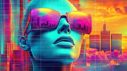 Poster - Neon Futuristic City Reflected in Sunglasses Vibrant Digital Illustration : Generative AI