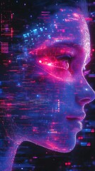 Poster - Futuristic Digital Woman with Holographic Interface in Cyber Blue and Pink Glow : Generative AI