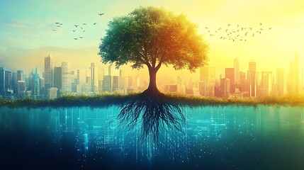 Poster - Tree of Life with Roots and Skyline Blending Nature and Technology : Generative AI