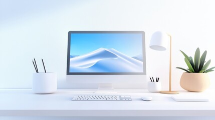 Poster - Modern home office setup with a desktop computer, stylish desk lamp, and minimal decor, creating a clean, productive workspace