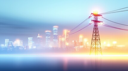 Poster - Modern urban electricity poles linked by cables in a smart grid network, showcasing high-voltage energy distribution against a clear city skyline.